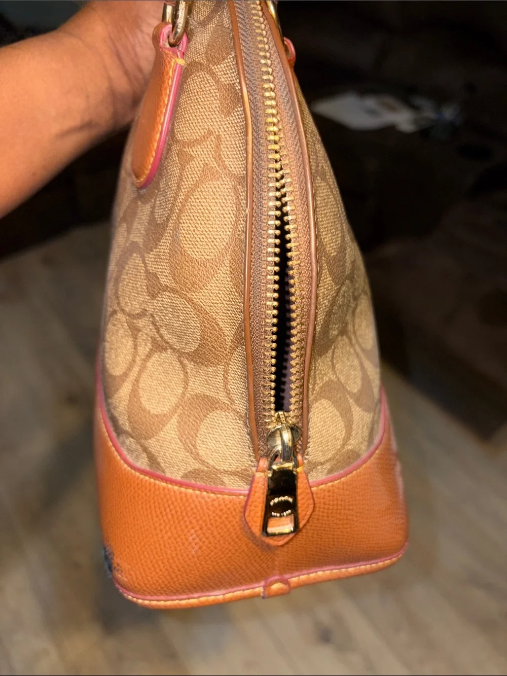 Coach Brown/Tan Signature Dome Satchel with Gold Plaque